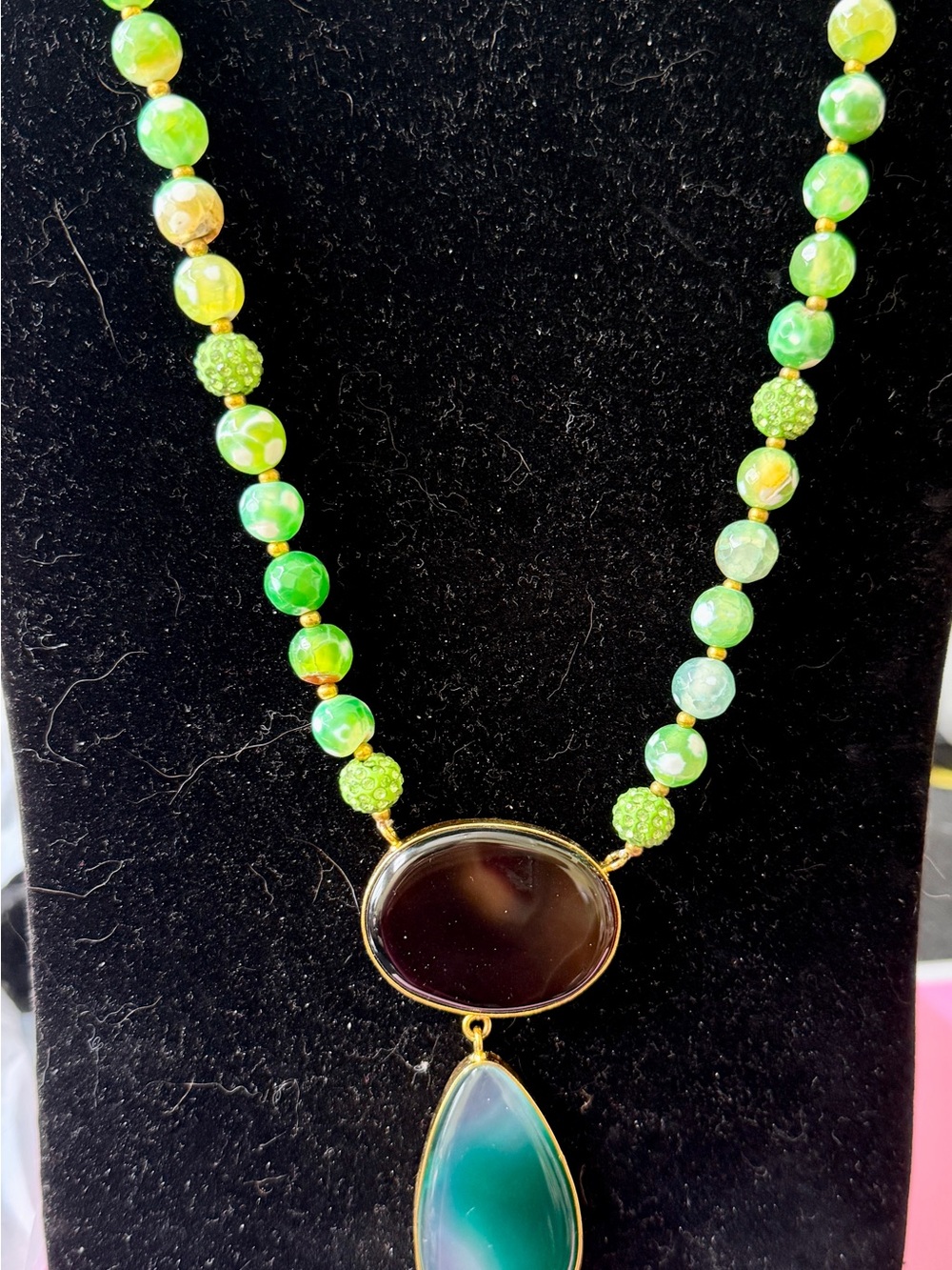 Hand Crafted Green Beaded Necklace with Brown Oval and Teal Drop Pendants